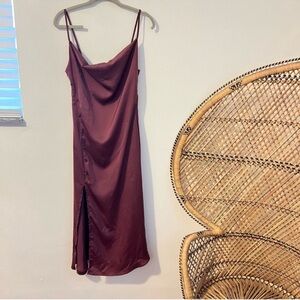 NWT Cider mauve satin front slit button slip midi cowl neck dress size medium